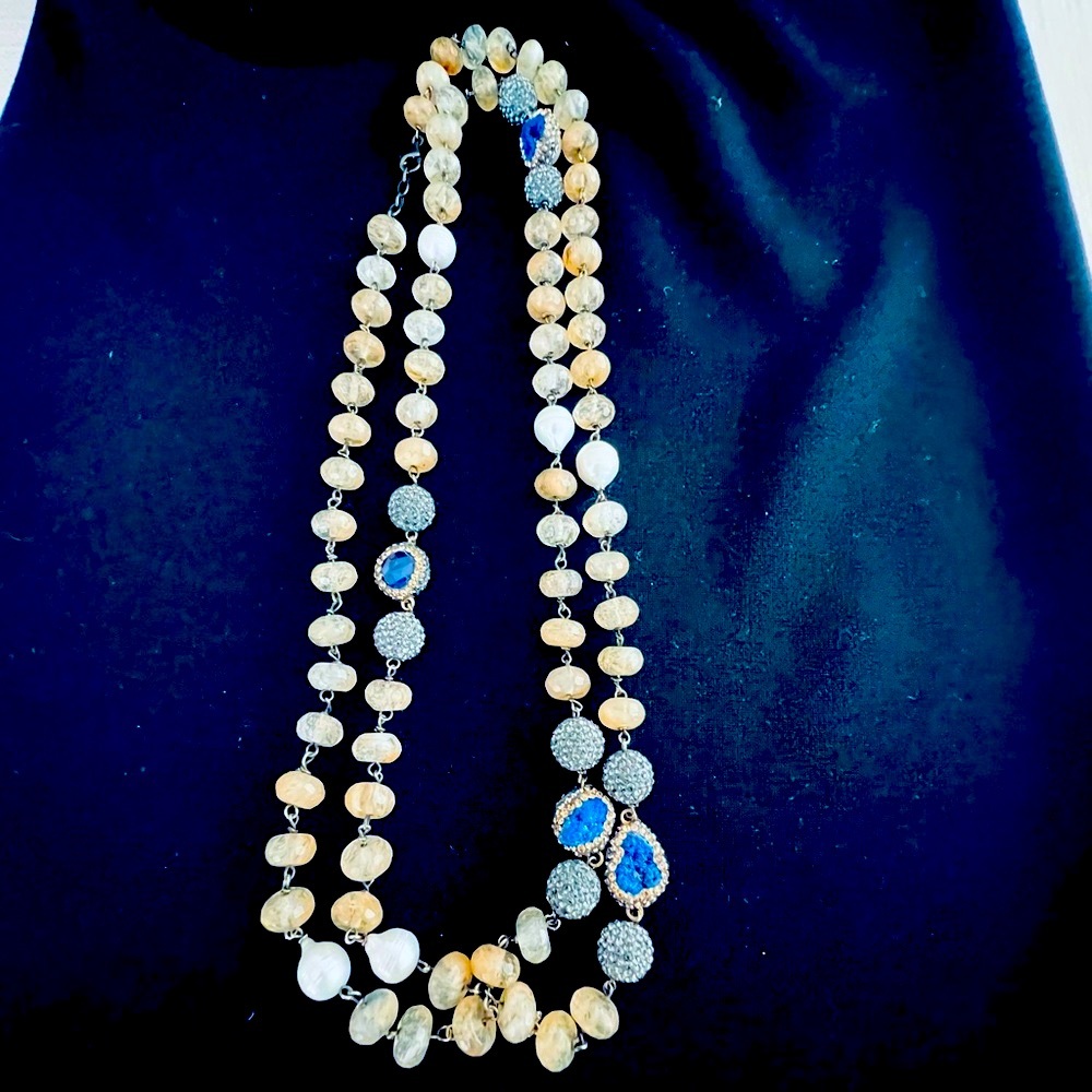 Moonstone, lapis and pearl necklace